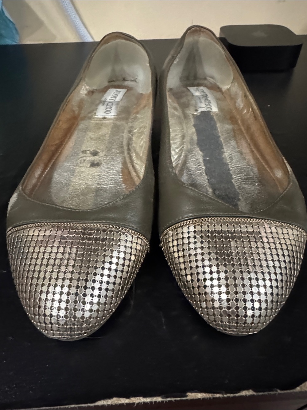 Jimmy Choo Metallic Taupe Leather Ballet Flats with Crystal Cap Toe